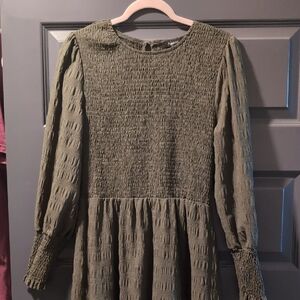 Olive Green Smocked Long Sleeve Dress